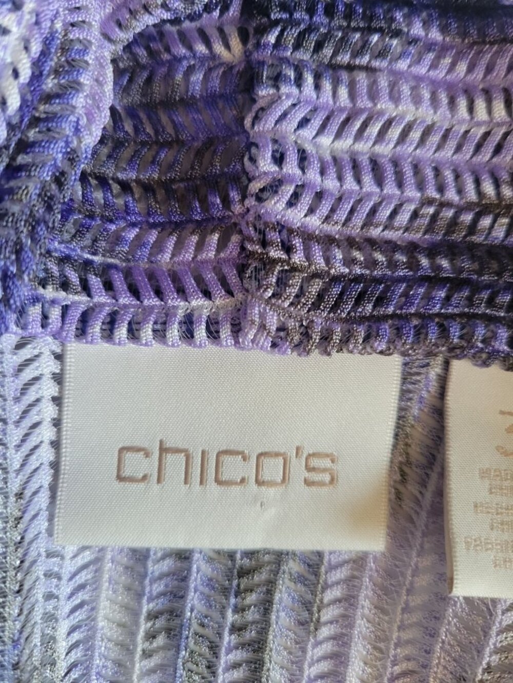 Chico's Purple & White Ikat Geometric Mesh Open Front Cardigan Size 3 (XL) - Picture 6 of 10